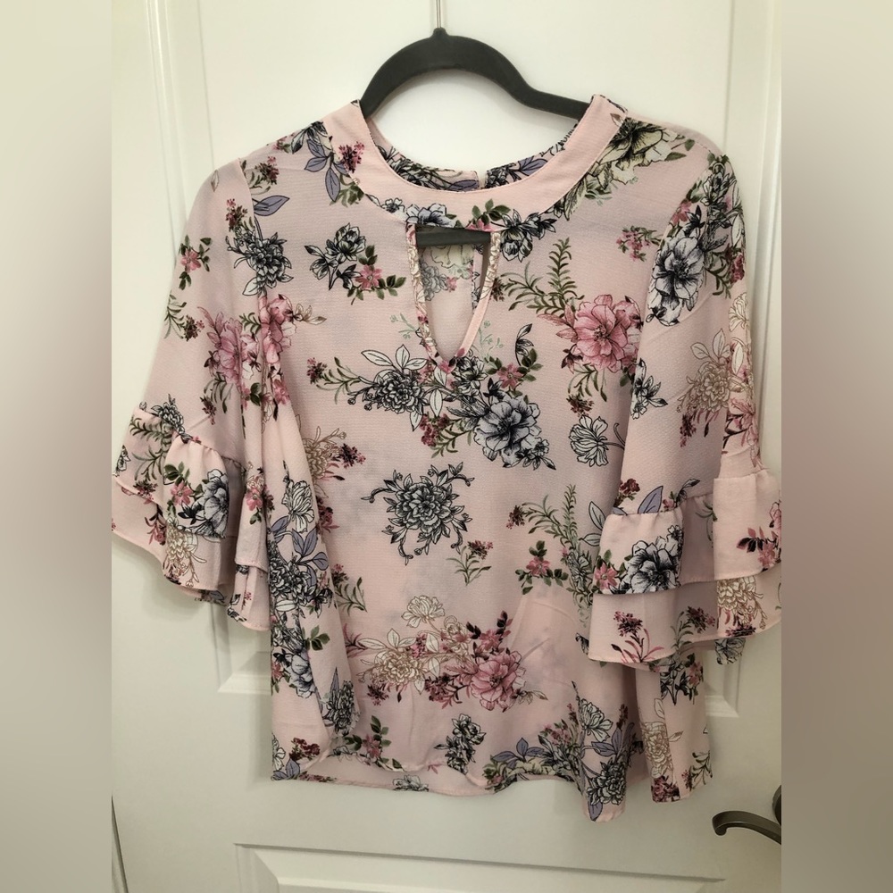 Pink floral top with ruffle sleeves